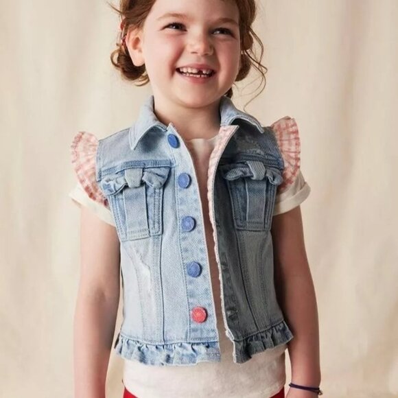 Matilda Jane Enchanted Garden Girls Denim Vest Ruffle Sleeves Distressed Look